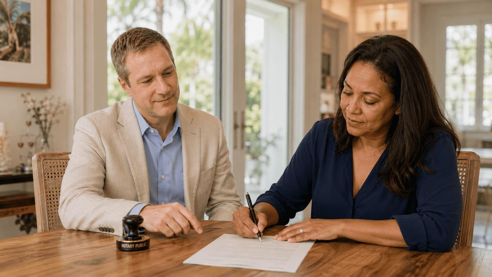 Bilingual mobile notary meeting a client at home in Boca Raton, Palm Beach County, to notarize documents